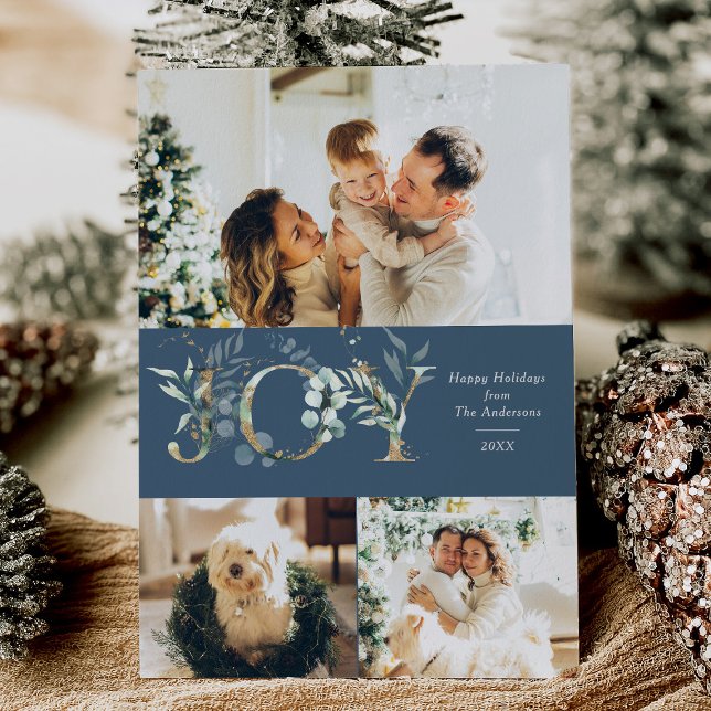 JOY Modern 3 Photo Gold Greenery Blue  Holiday Card (Creator Uploaded)