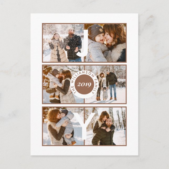 Joy | Modern 6 Photos Family Christmas Greeting Postcard (Front)