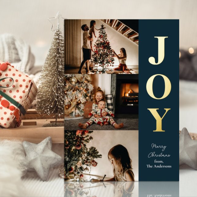 Joy Modern Blue Gold Christmas 3 Photo Collage Foil Holiday Card (Creator Uploaded)