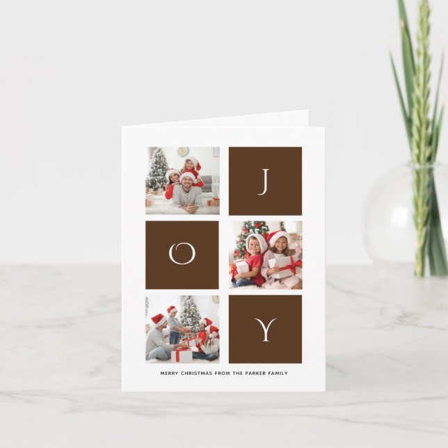 JOY Modern Brown Fun Script Photo Collage Simple Holiday Card (Front)