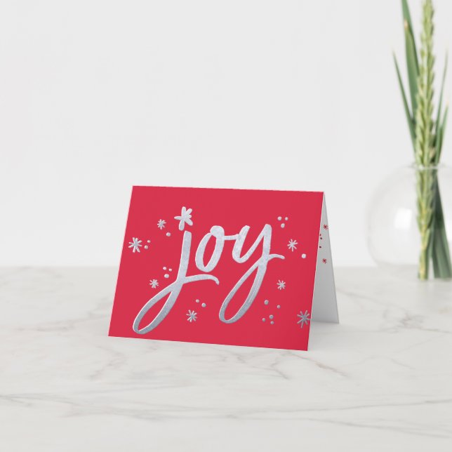 JOY modern corporate holiday red silver sparkles Card (Front)