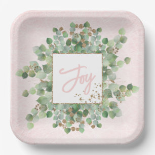 Joy Modern Eucalyptus Gold Glitter Pastel Pink Paper Plate
