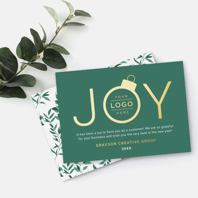 Joy Modern Gold and Green Logo Ornament Foil Holiday Card (Creator Uploaded)