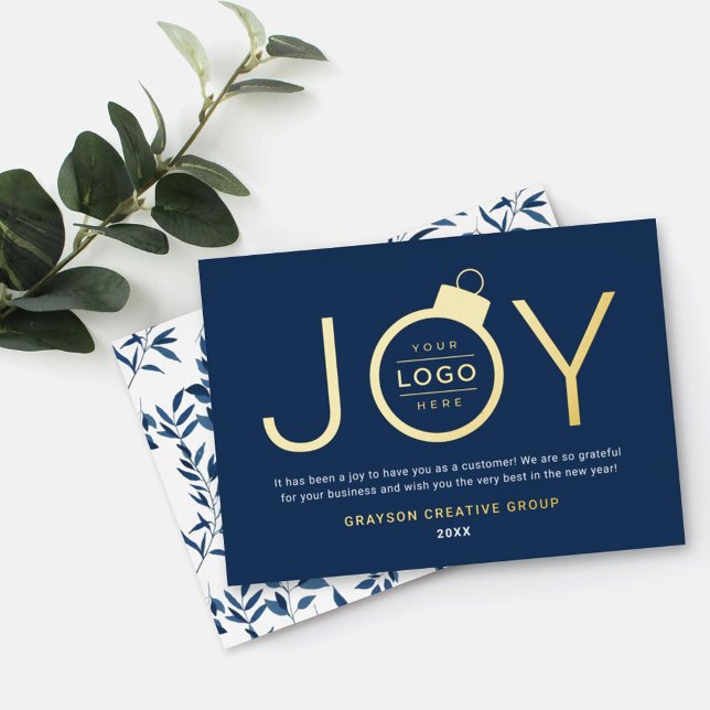 Joy Modern Gold and Navy Logo Ornament Foil Holiday Card (Creator Uploaded)