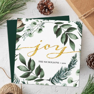 JOY Modern Gold Script Magnolia Floral Pine Bough Holiday Card