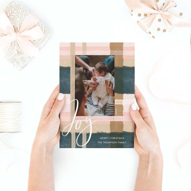 Joy | Modern Green & Pink Watercolor Plaid Photo Holiday Card (Creator Uploaded)