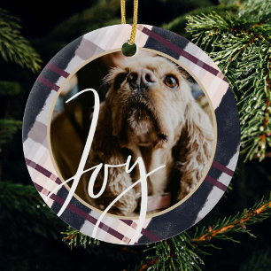 Joy Modern Navy & Purple Watercolor Plaid Photo Ceramic Ornament