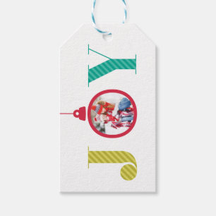 Joy Modern Ornament Bulb Red White Stripe Photo Gift Tags