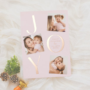 Joy   Modern Pink 4 Photo Christmas Foil Holiday Card