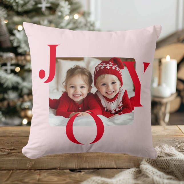 JOY | Modern Red And Pink Christmas Photo Gift Cushion (Creator Uploaded)