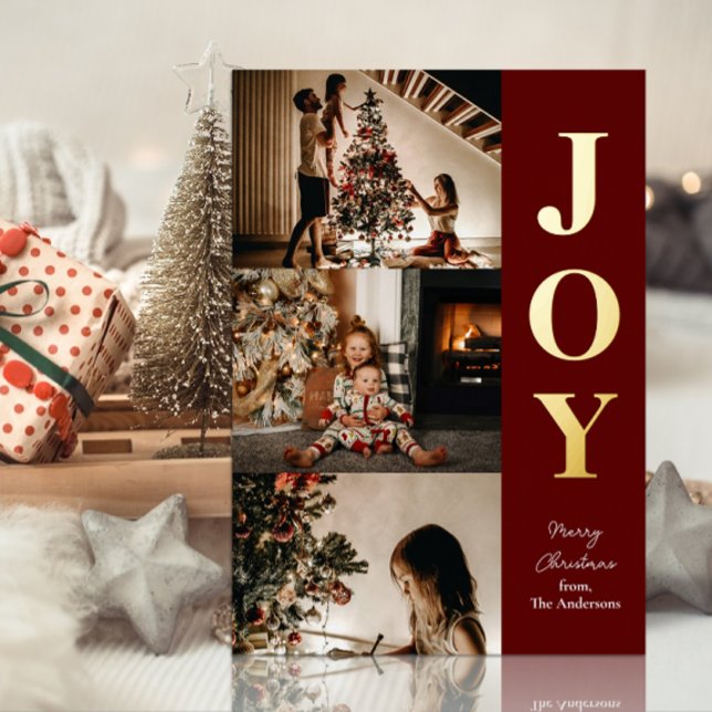 Joy Modern Red Gold Christmas 3 Photo Collage Foil Holiday Card (Creator Uploaded)