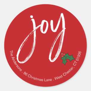 Joy   Modern Script Red Christmas Return Address   Classic Round Sticker