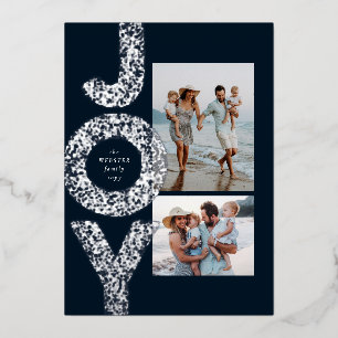 Joy modern two photo bold silver navy Christmas Foil Holiday Card
