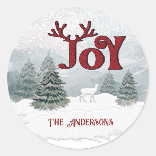 Joy Modern Watercolor winter deer scene   Classic Round Sticker