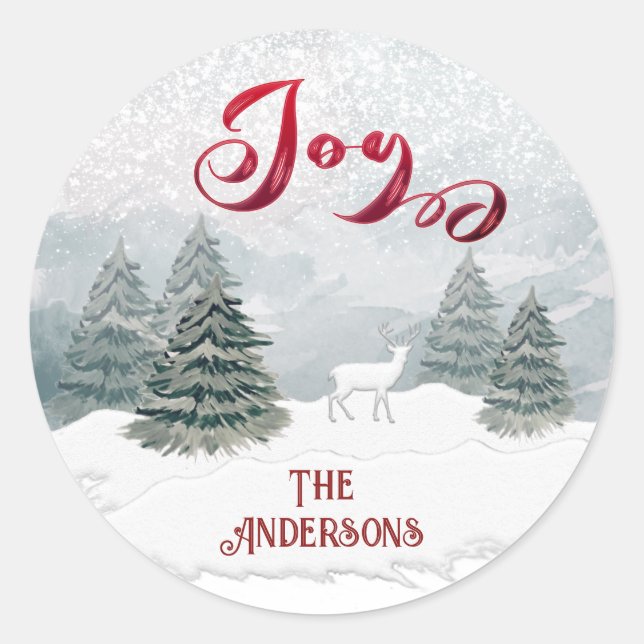  Joy Modern Watercolor winter scene  Classic Round Sticker (Front)