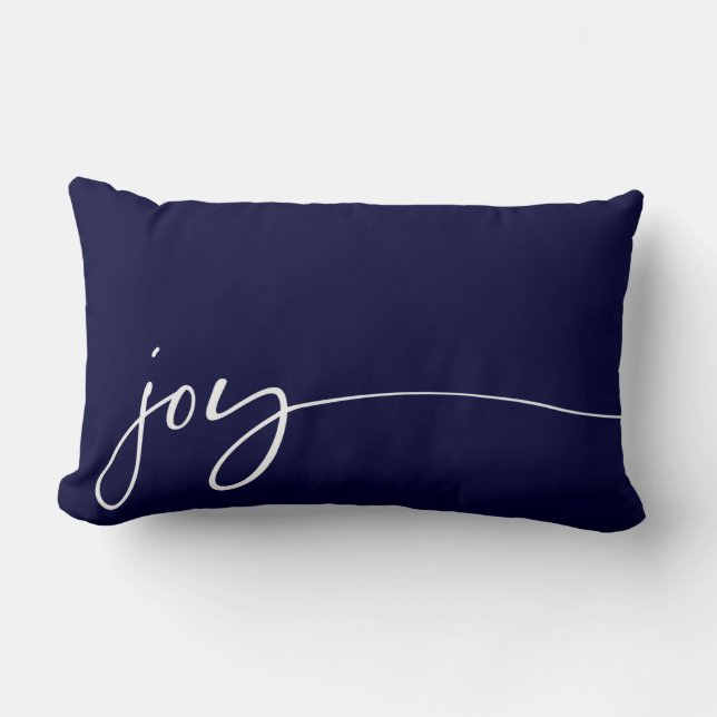 Joy Navy Blue Elegant Script Calligraphy Christmas Lumbar Cushion (Front)
