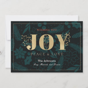 JOY Navy Blue Holiday Floral Pine Christmas Card