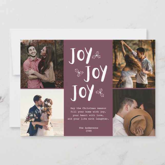 Joy Newlywed Photo Collage Red Holly Christmas Holiday Card (Front)