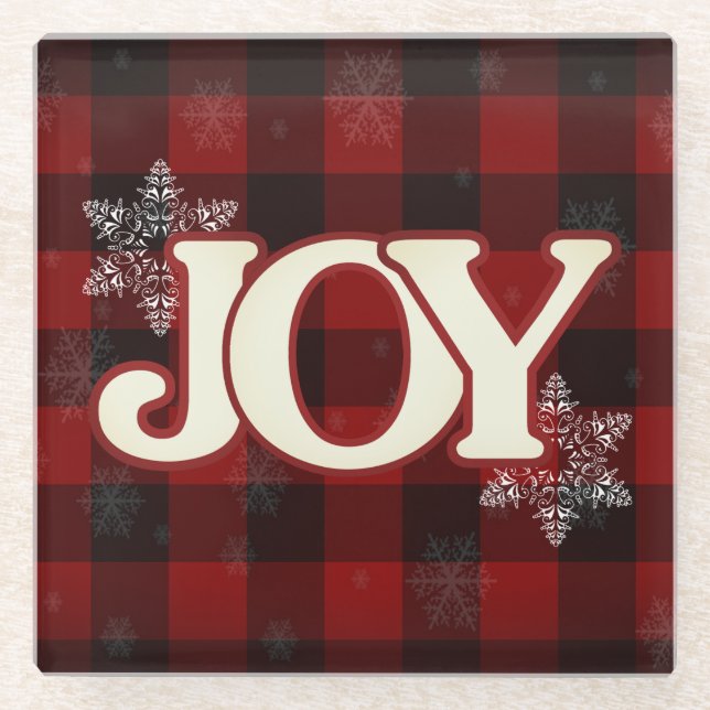 JOY of Christmas Elegant Red buffalo plaid Glass Coaster (Front)