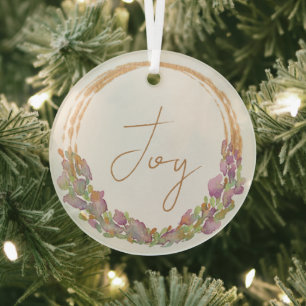 Joy Original Botanical Watercolor Christmas Gift Glass Tree Decoration