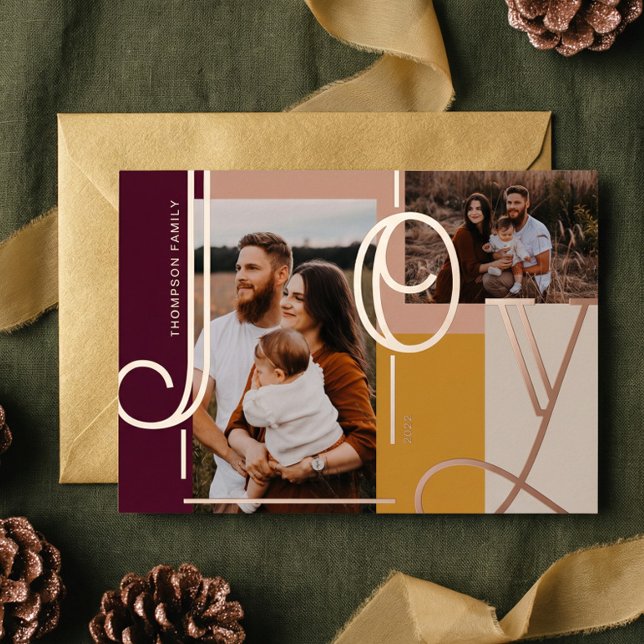 Joy Overlay Bold Modern Colour Blocks Family Photo Foil Holiday Card (Joy Modern Personalized Family 2 Photo Christmas Foil Holiday Card)