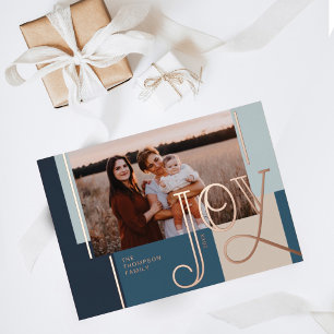 Joy Overlay Modern Blue Colour Block Family Photo Foil Holiday Card
