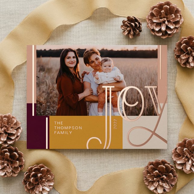 Joy Overlay Modern Blush Colour Block Family Photo Foil Holiday Card (Joy Modern Personalized Family 2 Photo Christmas Foil Holiday Card)