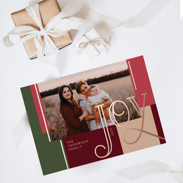 Joy Overlay Modern Red Colour Block Family Photo Foil Holiday Card (Creator Uploaded)