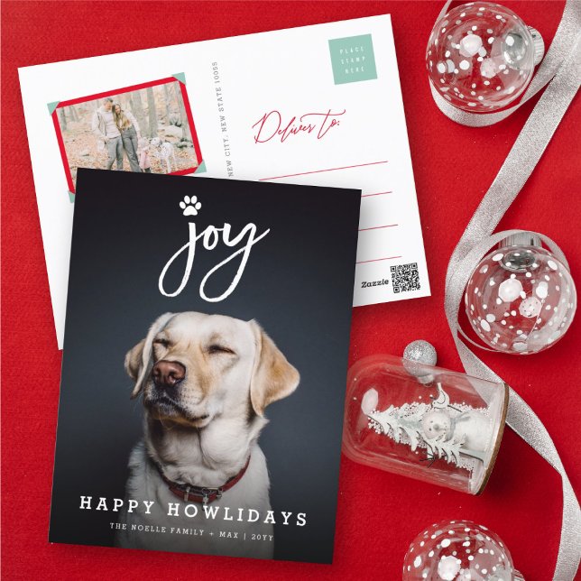 Joy Paw Print Brush Script Dog Lover Photo Pet Holiday Postcard (Creator Uploaded)