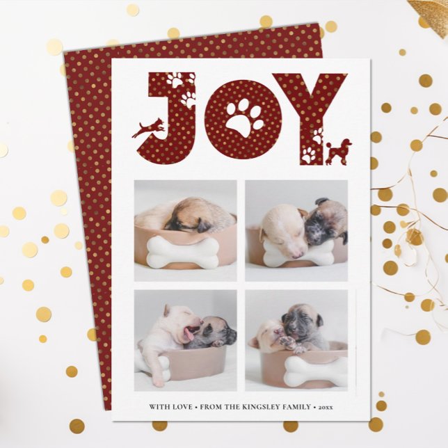 JOY Paws Gold | Pet Lovers Four Photo Collage Holiday Card (Creator Uploaded)