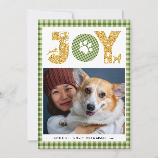 JOY Paws Gold | Pet Lovers Green Buffalo Plaid Holiday Card (Front)