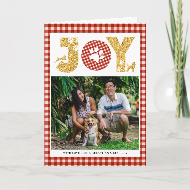 JOY Paws Gold | Pet Lovers Red Buffalo Plaid Holiday Card (Front)