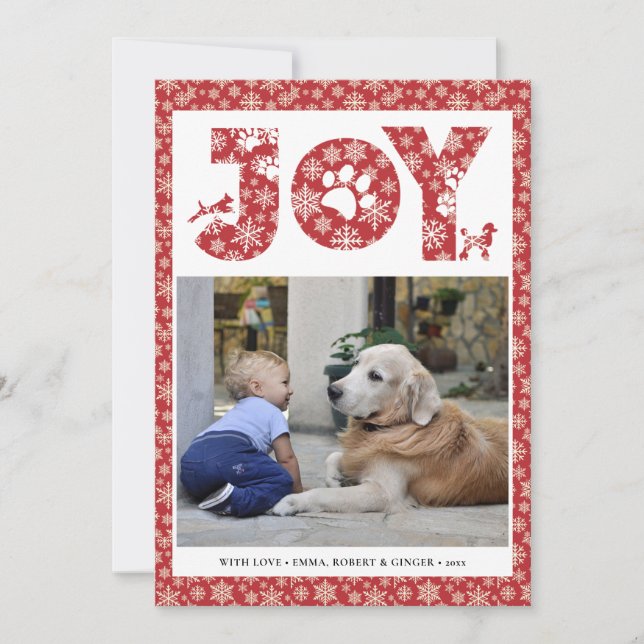 JOY Paws Gold | Pet Lovers Snowflakes In Red Holiday Card (Front)