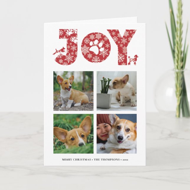 JOY Paws Snowflake | Pet Lover Four Photo Collage Holiday Card (Front)