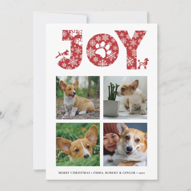 JOY Paws Snowflake | Pet Lover Four Photo Collage Holiday Card (Front)