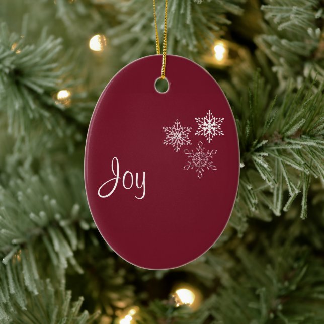 Joy, Peace and 3 Snowflakes Red and White Minimal Ceramic Ornament (Tree)