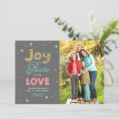 Joy Peace and Love Bright Colours Photo Holiday Card (Standing Front)