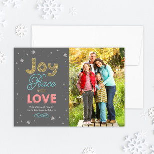 Joy Peace and Love Bright Colours Photo Holiday Card