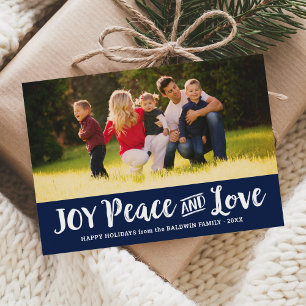 Joy Peace and Love Navy Blue Brushed Script Photo Holiday Card