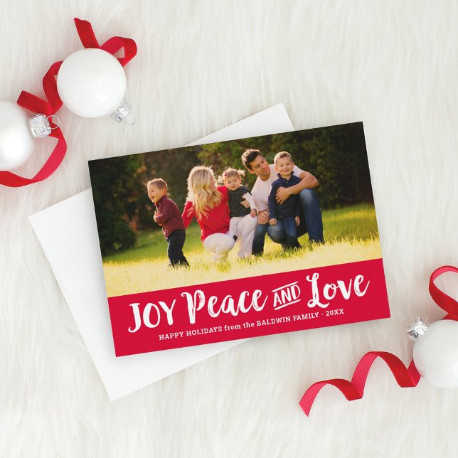 Joy Peace and Love Red Brushed Script Photo Holiday Card (Creator Uploaded)