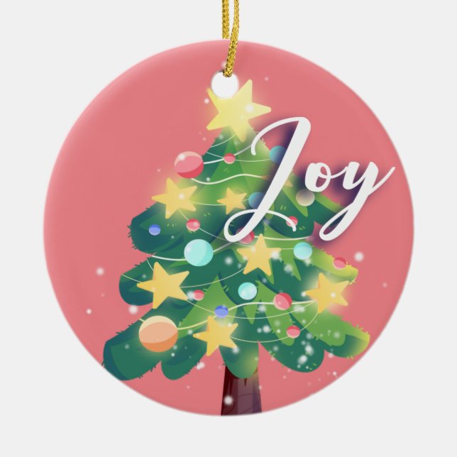 Joy & Peace Carton Christmas Tree Pink  Ceramic Ornament (Front)