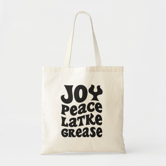 Joy Peace Latkes Grease Funny Jewish Hanukkah Gift Tote Bag (Front)