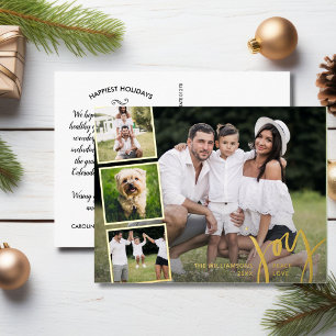 Joy Peace Love Calligraphy Photo Collage Gold  Foil Holiday Postcard