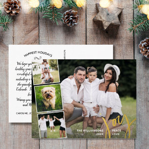 Joy Peace Love Calligraphy Photo Collage Gold Foil Holiday Postcard
