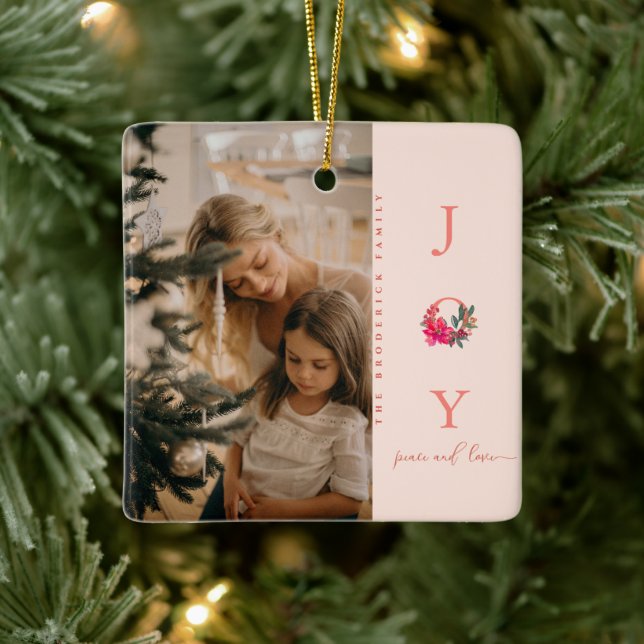 Joy Peace Love | Christmas Family Photo  Ceramic Ornament (Tree)