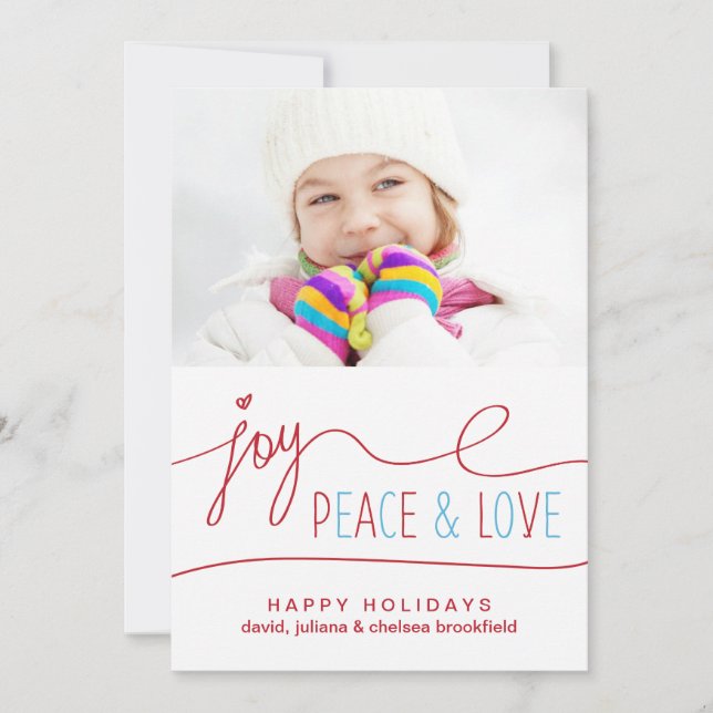 Joy Peace & Love Christmas Letter Photo Flat Card (Front)