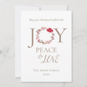 JOY PEACE LOVE Christmas Wreath Red Beige Holiday Card