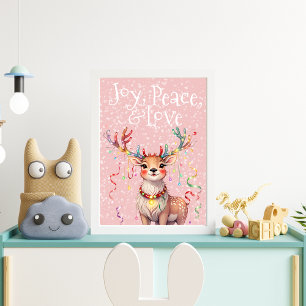Joy Peace Love Cute Reindeer and Christmas Lights Poster
