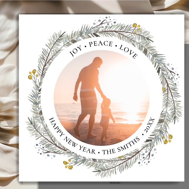 JOY PEACE LOVE | Gold Pine Bough Wreath Holiday Card (Creator Uploaded)