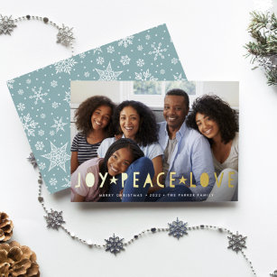 Joy Peace Love   Horizontal Photo Foil Holiday Card